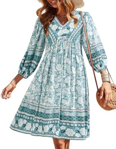 BTFBM Women Casual Spring Summer Dresses V Neck 3/4 Long Sleeve Ruffle Floral Flowy Boho Babydoll... | Amazon (CA)