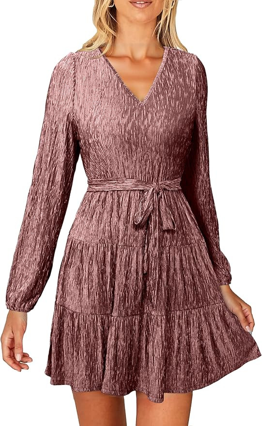 Simplee Womens Velvet Long Sleeve V Neck Fall Dress Tiered Flowy Mini Cocktail Dress Winter Casua... | Amazon (US)