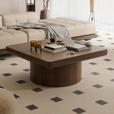 34.6'' Square Coffee Table For Living Room, Modern Wood Veneer Top With Parquet Pattern & Cylindrical Base, Thickened Tabletop | Wayfair North America
