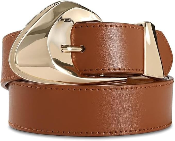 Brown Leather Belt for Women Casual Fashion Belts with Stylish Gold Buckle for Jeans Dresses | Amazon (US)