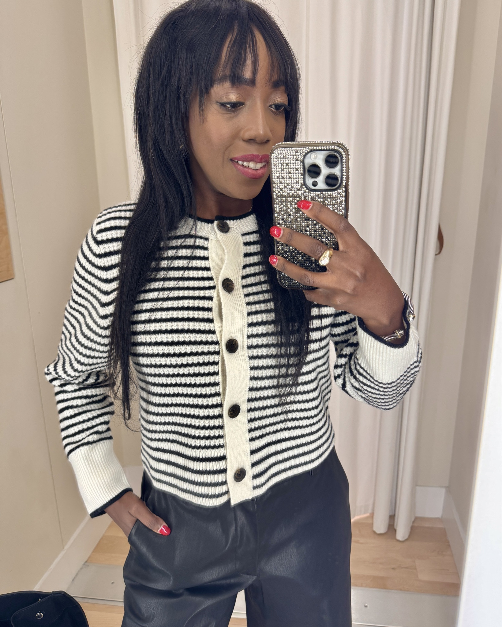 Cardigan: Is a button up. It’s a crop style. True to size. Wearing a small. 
Pants: Has functional pockets on the side. Button and zipper closure on the front. However, it runs big. I usually wear a size 4 or 6. Sized down to a 2. 

Holiday Outfit, Christmas Outfit,

#Ootd 

#LTKHoliday #LTKStyleTip #LTKOver40