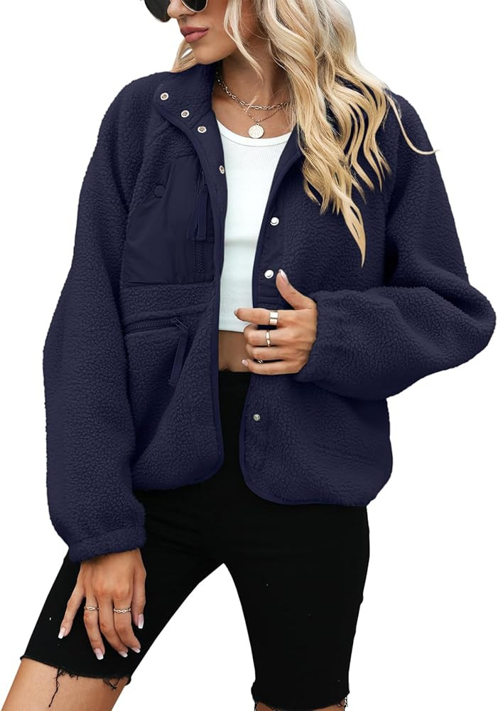 Yanekop Womens Fleece Jacket Fuzzy Long Sleeve Short Winter Coats Button Down Sherpa Jacket Outer... | Amazon (US)