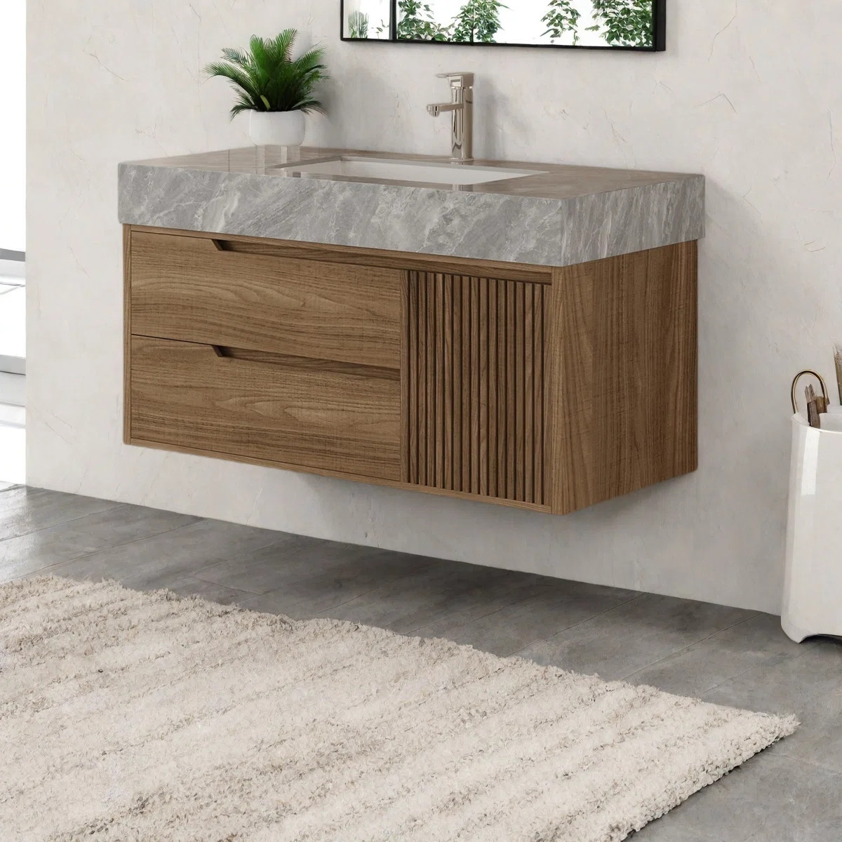 36'' Brown Wood Wall-Mounted Bathroom Vanity, Sintered Stone Top Bathroom Vanity with Drawers and... | Wayfair North America