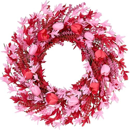 zjlmit Valentines Day Decorations 22 Inch Valentine's Day Wreath Pink Flower Wreaths for Front Door with Red Tulip Pink Forsythia Flowers for Valentine Wedding Anniversary and Holiday Decorations | Amazon (US)