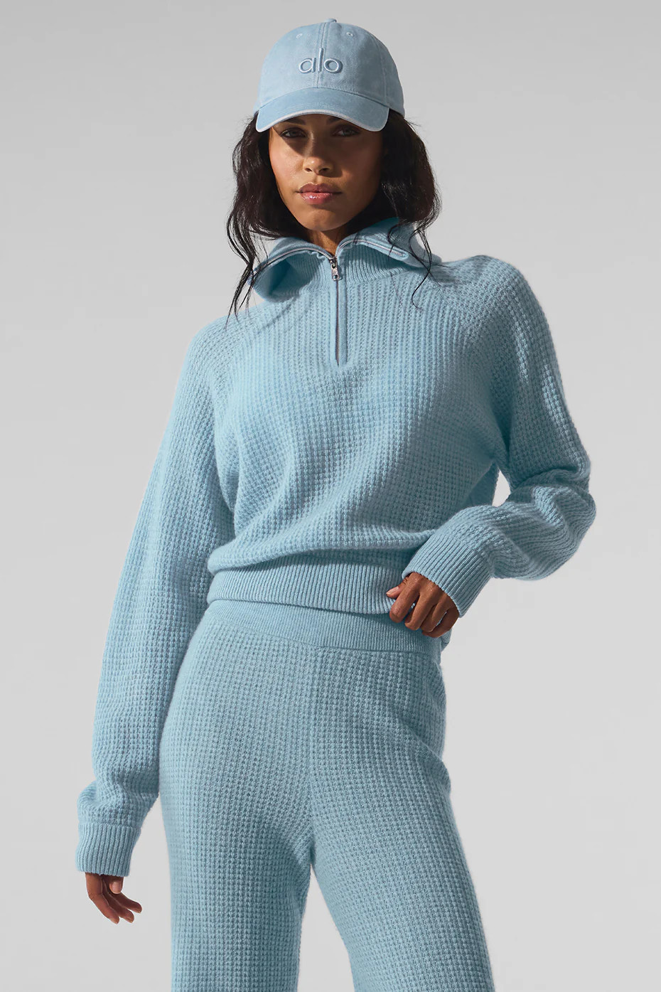 ALO | Cashmere Plush Waffle 1/4 Zip Pullover Top in Celestial Blue Heather, Size: Large | Alo Yoga (US)