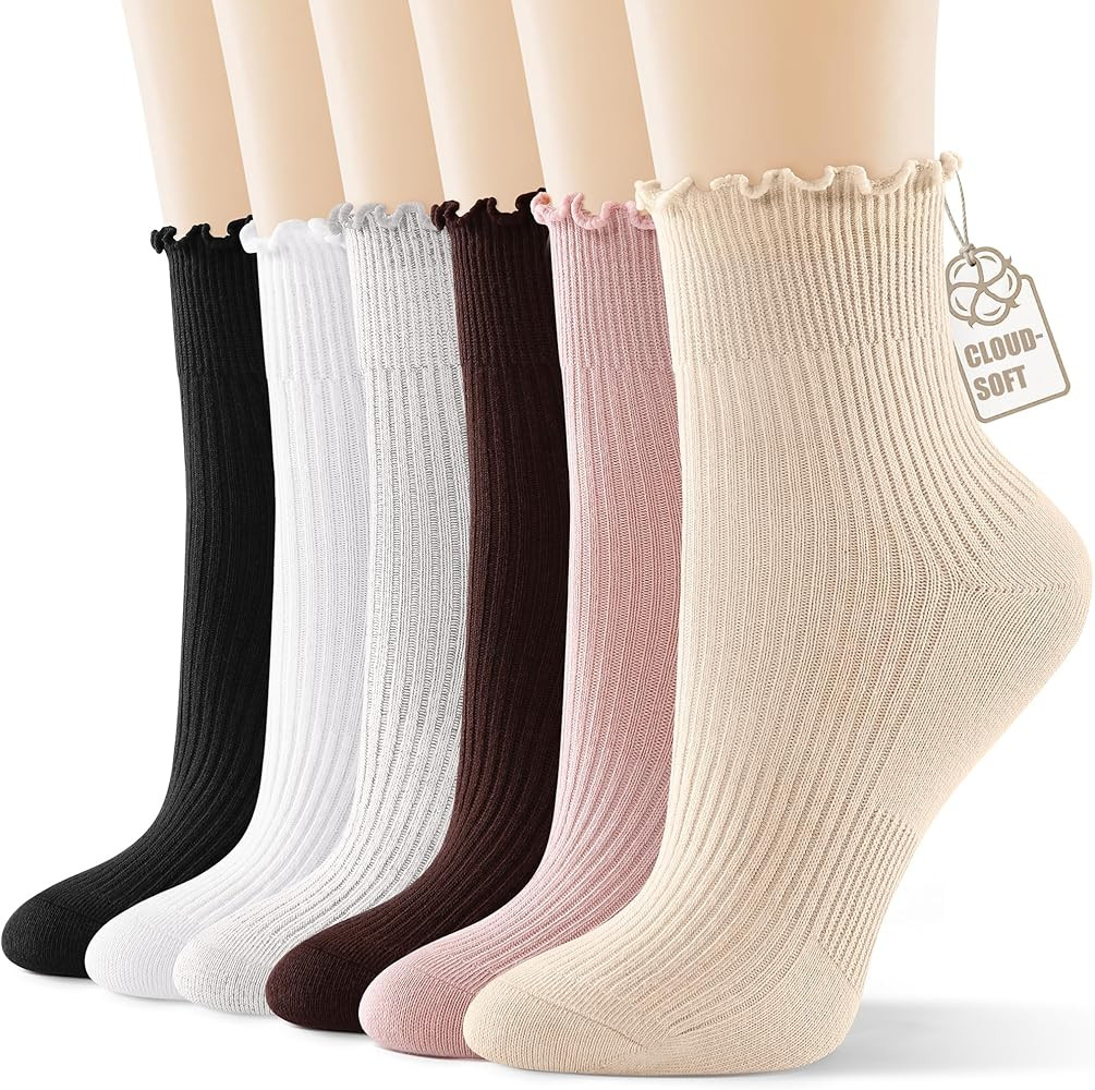 CS CELERSPORT 6 Pack Women's Ruffle Socks, Cotton Athletic Ankle Socks, Cute Running Tennis Frill... | Amazon (US)