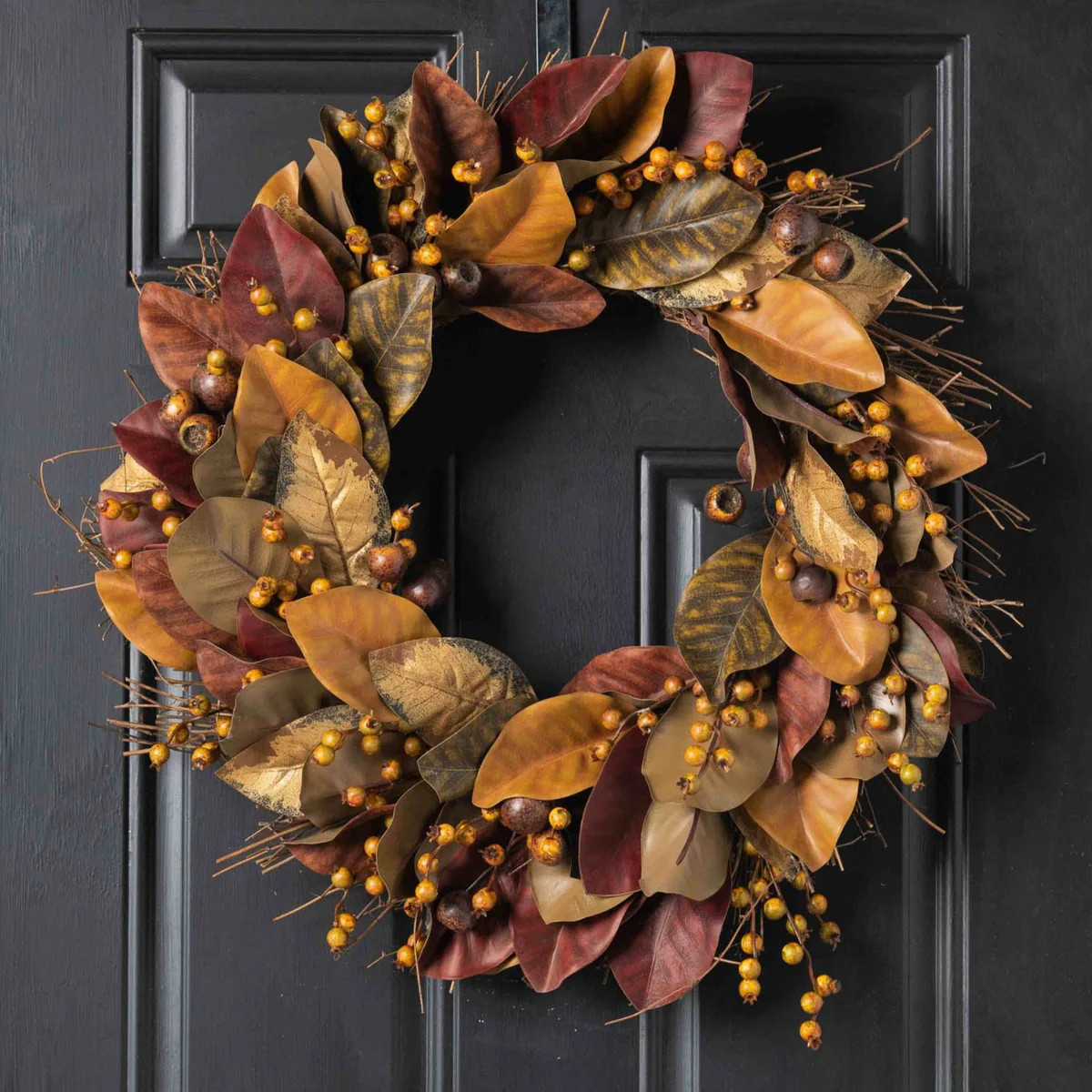 Burgundy, Green, Mustard & Brown Autumn Magnolia Leaf & Berry Fall Front Door Wreath | Darby Creek Trading