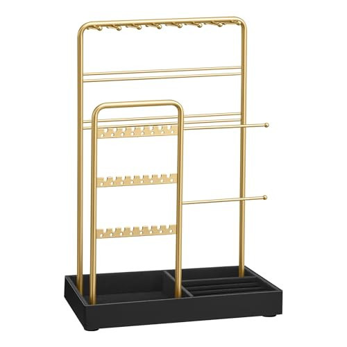 SONGMICS Jewelry Holder, Jewelry Organizer Display Stand with Metal Frame, Velvet Tray, Necklace Earring Bracelet Holder, for Studs, Rings, Gift Idea, Pale Gold and Ink Black UJJS021AB02 | Amazon (US)