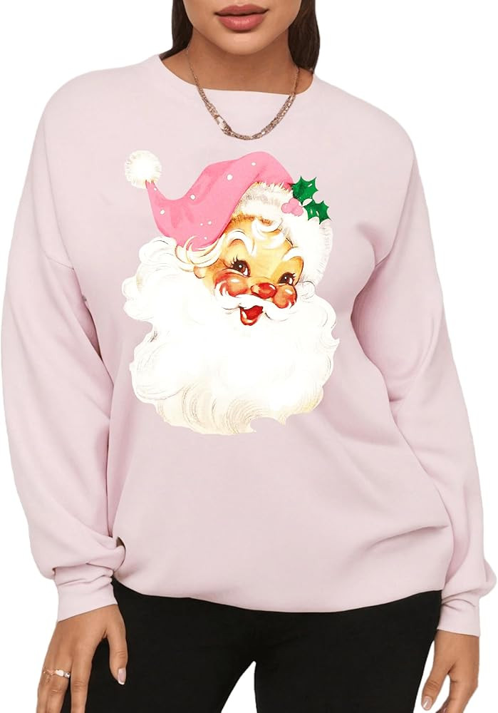 Heloto Womens Christmas Pink Pullover Tops Novelty Funny Santa Xmas Tree Graphic Sweatshirt | Amazon (US)
