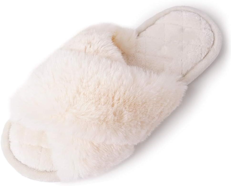 Women's Plush Open Toe Slippers Cross Band Memory Foam Slip On Anti-Skid Sole | Amazon (US)