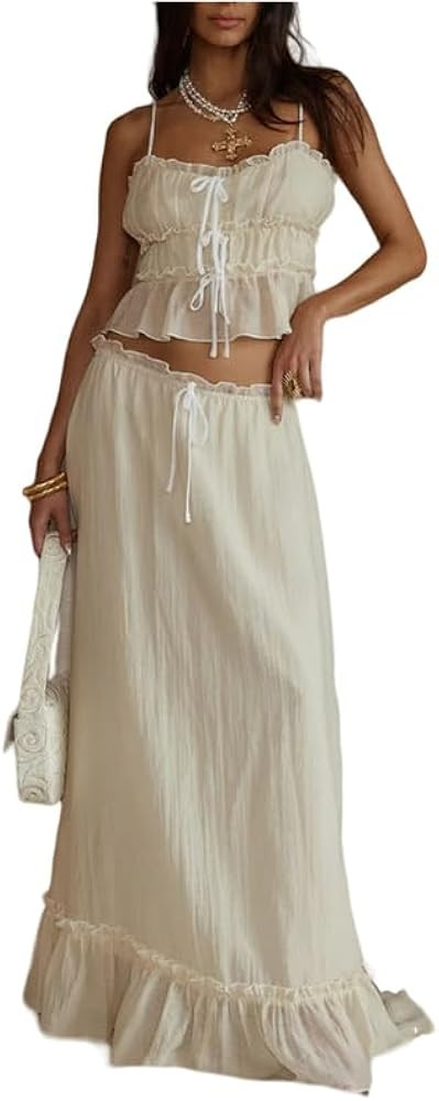 Women Y2k 2 Piece Outfits Patchwork Front Tie-Up Camisoles and Ruched Ruffle Maxi Skirt Matching ... | Amazon (US)