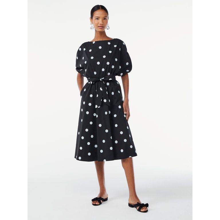 Scoop Women's Tie Front Midi Dress with Ruched Sleeves | Walmart (US)