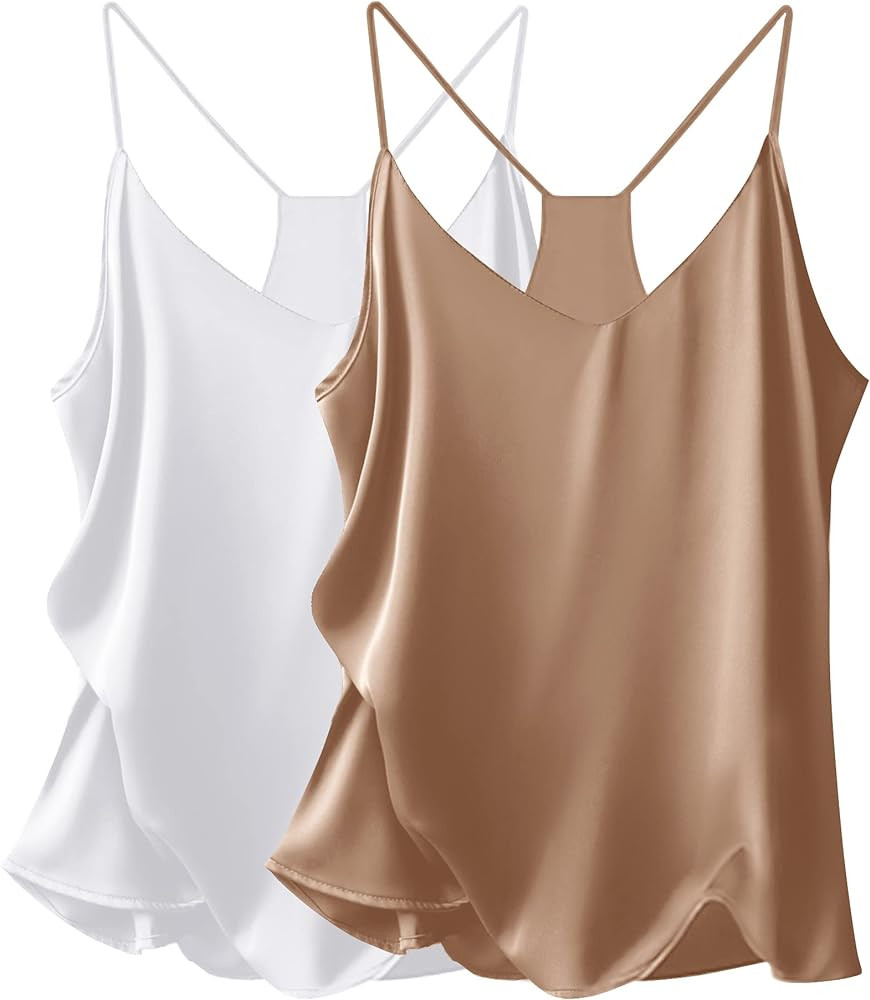 Ekouaer Womens Satin Cami Tops 2 Pack V Neck Blouse Spaghetti Strap Silk Camisole Tank Top | Amazon (US)