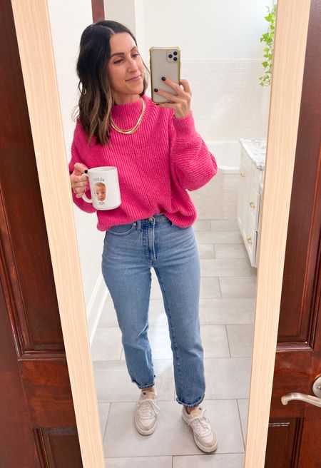 Mango sweater. Madewell Perfect Vintage Jeans. New Balance Sneakers. Face mug  