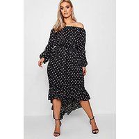 Plus Spotty Ruffle Off Shoulder Maxi Dress | Boohoo.com (DE)