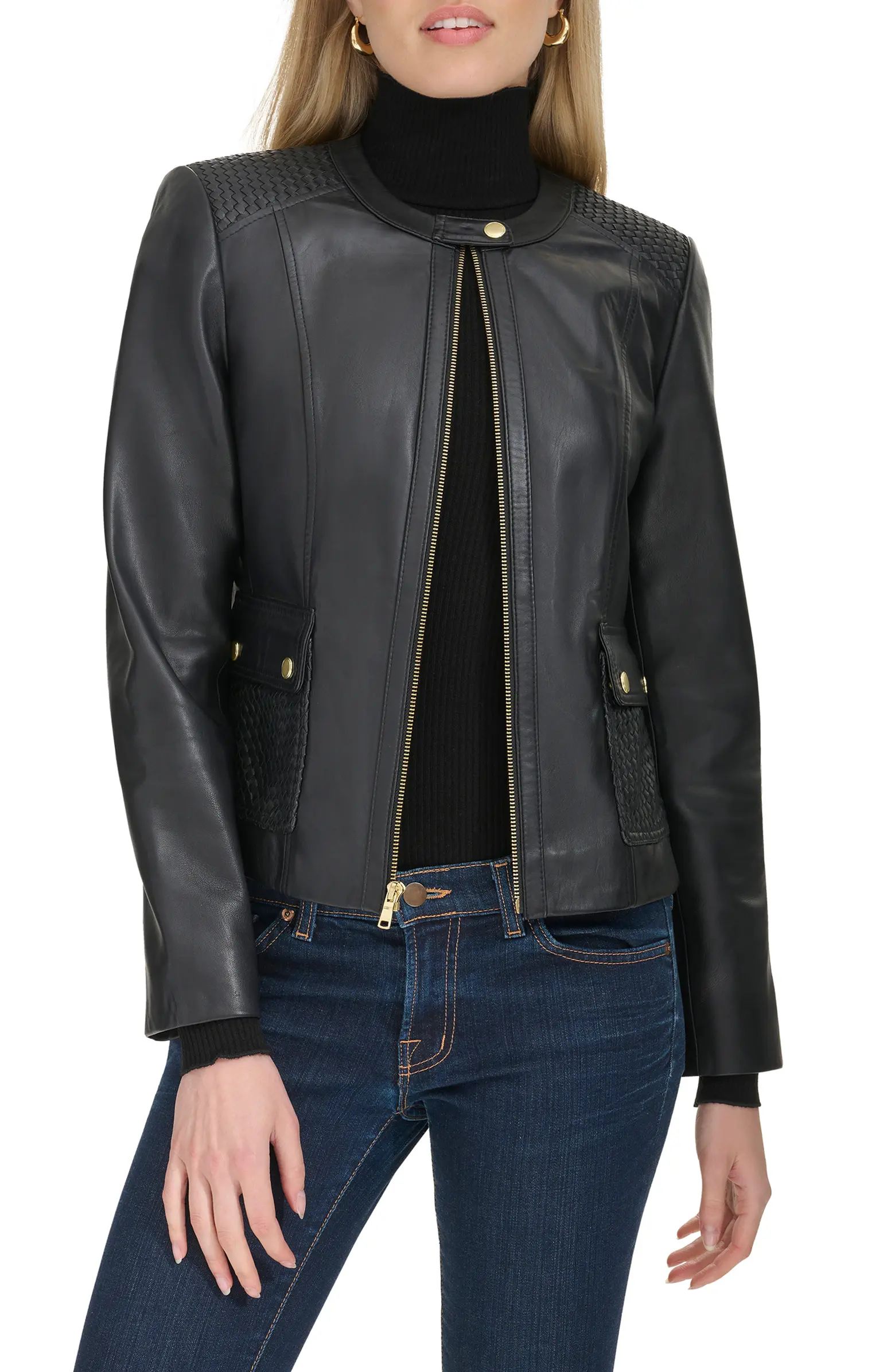 Cole Haan Woven Detail Leather Jacket | Nordstrom | Nordstrom