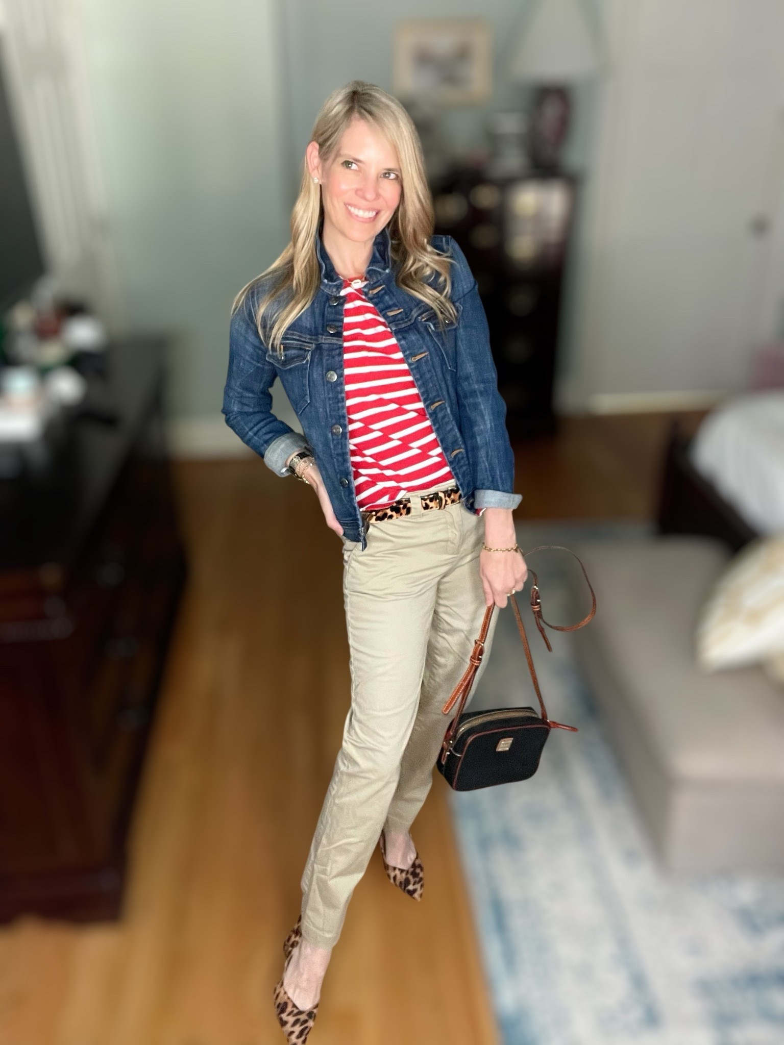 🎯 Classic prep with a playful twist!
This everyday outfit is built on wardrobe staples that never go out of style. I paired a bold red + white striped tee ❤️🤍 with a cropped denim jacket 👖 and polished it off with tailored khaki trousers. The real fun? Leopard print accessories 🐆—belt and pointed-toe heels for an unexpected pop. Added a structured black crossbody 🖤 for a timeless finish.

🔗 Linked my exact look + similar options for easy recreating!

📏 Wearing:
• Tee: TTS
• Denim jacket: TTS
• Pants: TTS
• Leopard belt + heels: linked similar styles 🛍️
