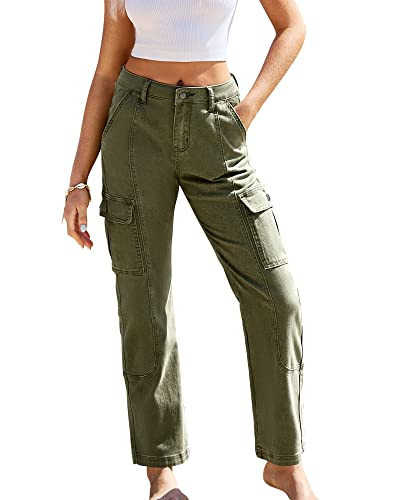GRAPENT Western Outfit - Women's Army Green Cargo Pants - Wide Leg, Khaki, Size 2 | Amazon (US)