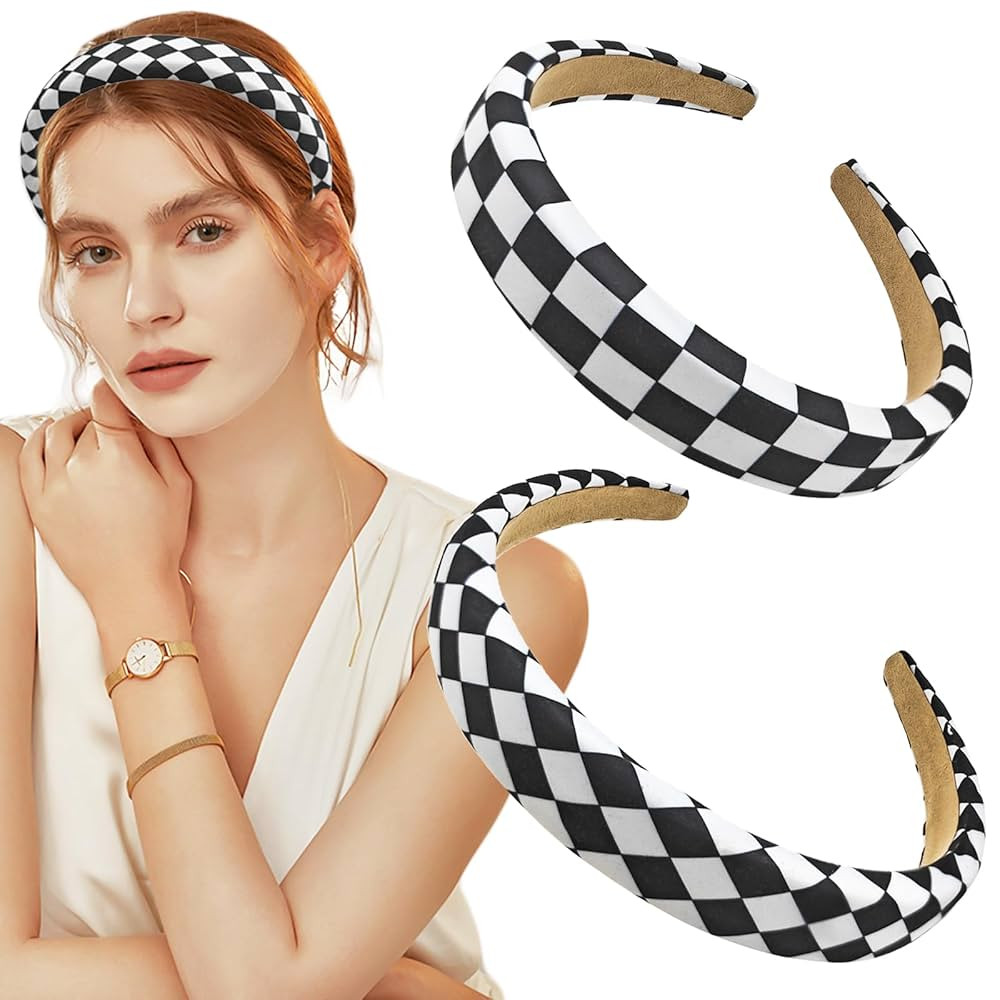 2 PACK Checkerboard Headbands, Black and White Checkered Padded Headband, Sponge Puffy Headband f... | Amazon (US)