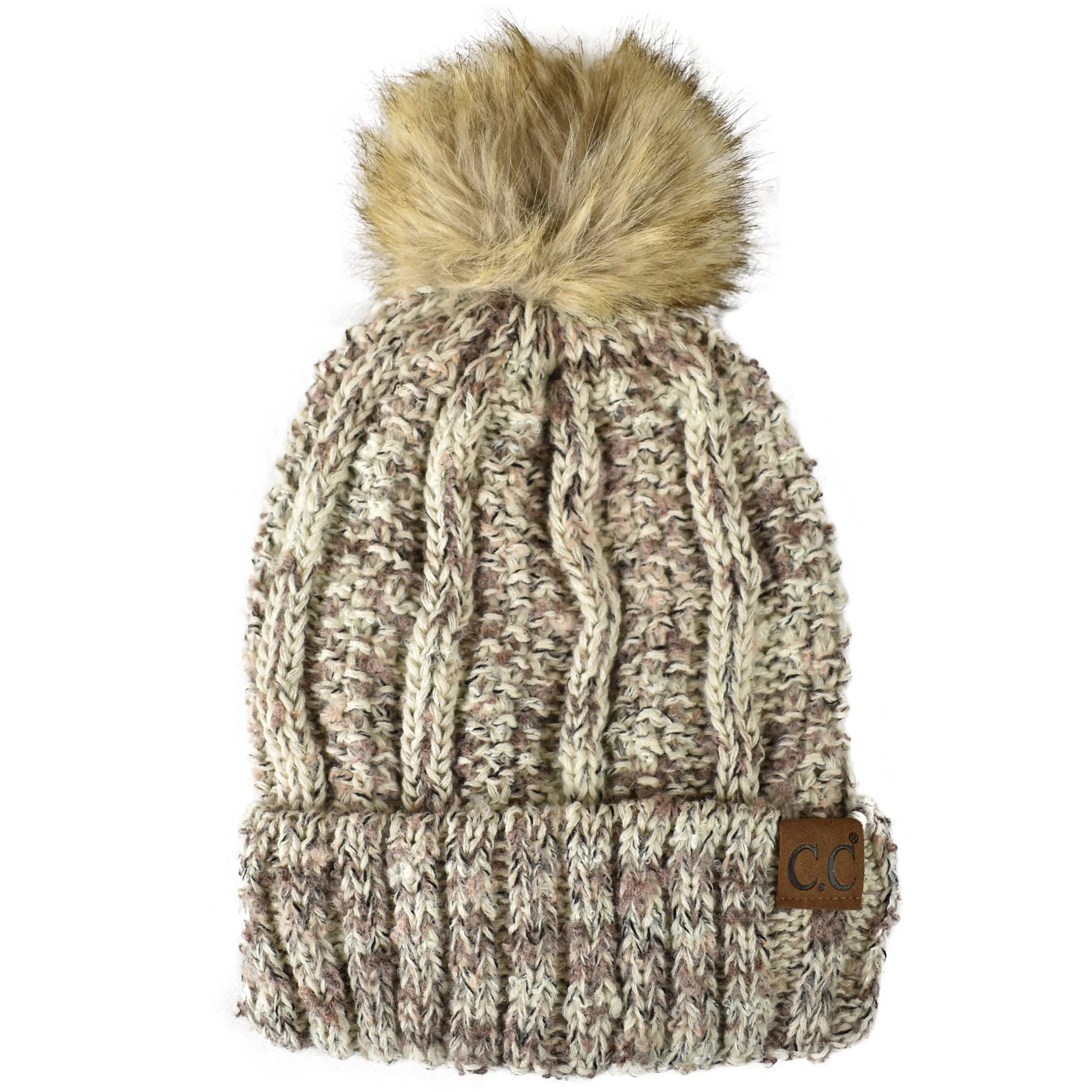 C.C Thick Cable Knit Faux Fuzzy Fur Pom Fleece Lined Skull Cap Cuff Beanie, Popcorn Confetti Beig... | Walmart (US)