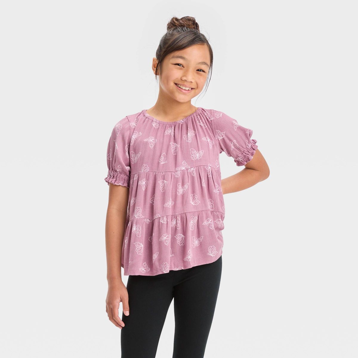 Girls' Ruffle Short Sleeve Tiered Woven Shirt - Cat & Jack™ | Target