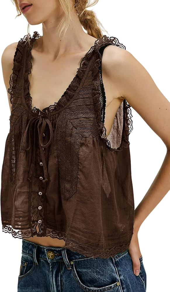 Naileksi Women Sleeveless Ruffled Lace Trim Chiffon Crop Top Scoop Neck Flowy Button Down Front T... | Amazon (US)