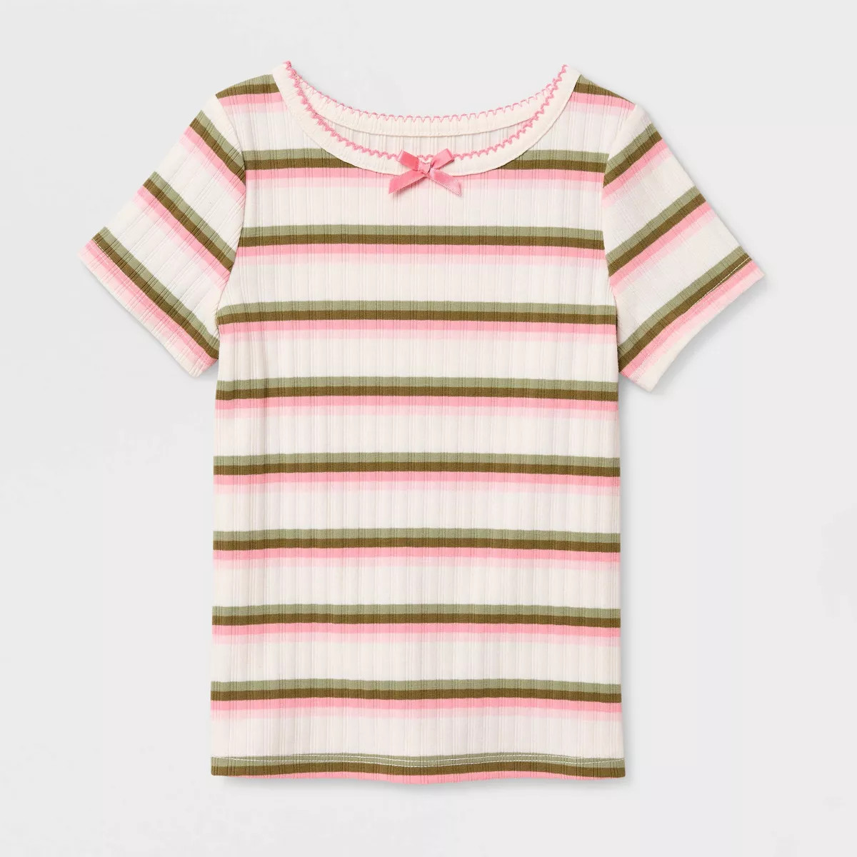 Toddler Girls' Striped Ribbed Short Sleeve T-Shirt - Cat & Jack\u2122 Olive/Pink 4T | Target