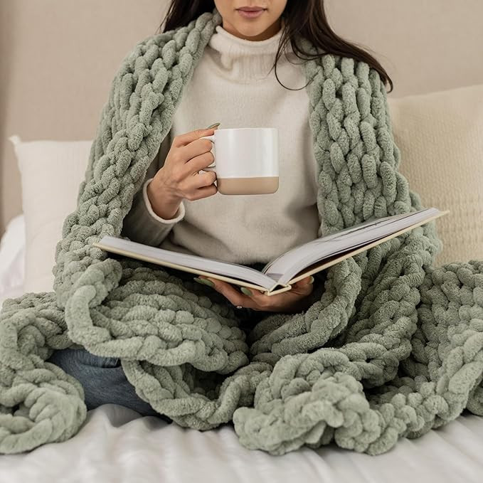 SAMIAH LUXE Sage Green Chunky Knit Blanket Throw 50x60, Chenille Chunky Knit Throw Blanket for Li... | Amazon (US)