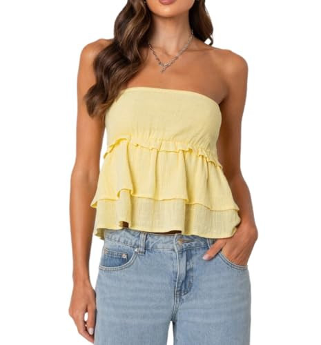 Cute Tube Tops for Women Teens Summer Y2k Lace Trim Floral Ruffle Flowy Strapless Babydoll Top Going Out Tops Streetwear | Amazon (US)