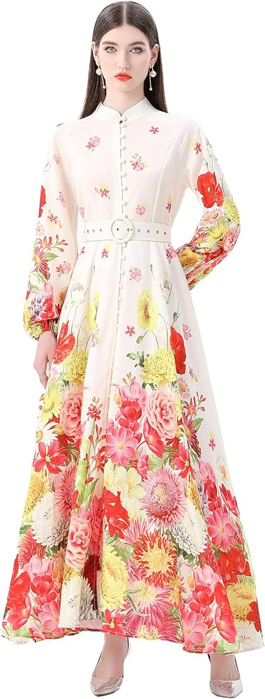 LAI MENG FIVE CATS Women's Floral Print Puff Sleeve Button Up Split Party Flowy Maxi Dress | Amazon (US)