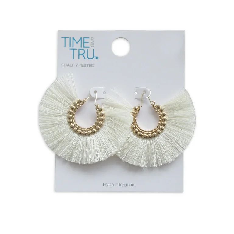 Time and Tru Women's Circle Fan Tassel Earrings with White Fringe | Walmart (US)