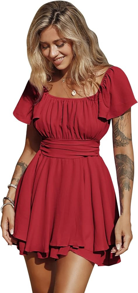 EXLURA Women's 2024 Summer Ruffle Short Sleeve Tie Back Romper Dress Square Neck A-Line Cute Dres... | Amazon (US)