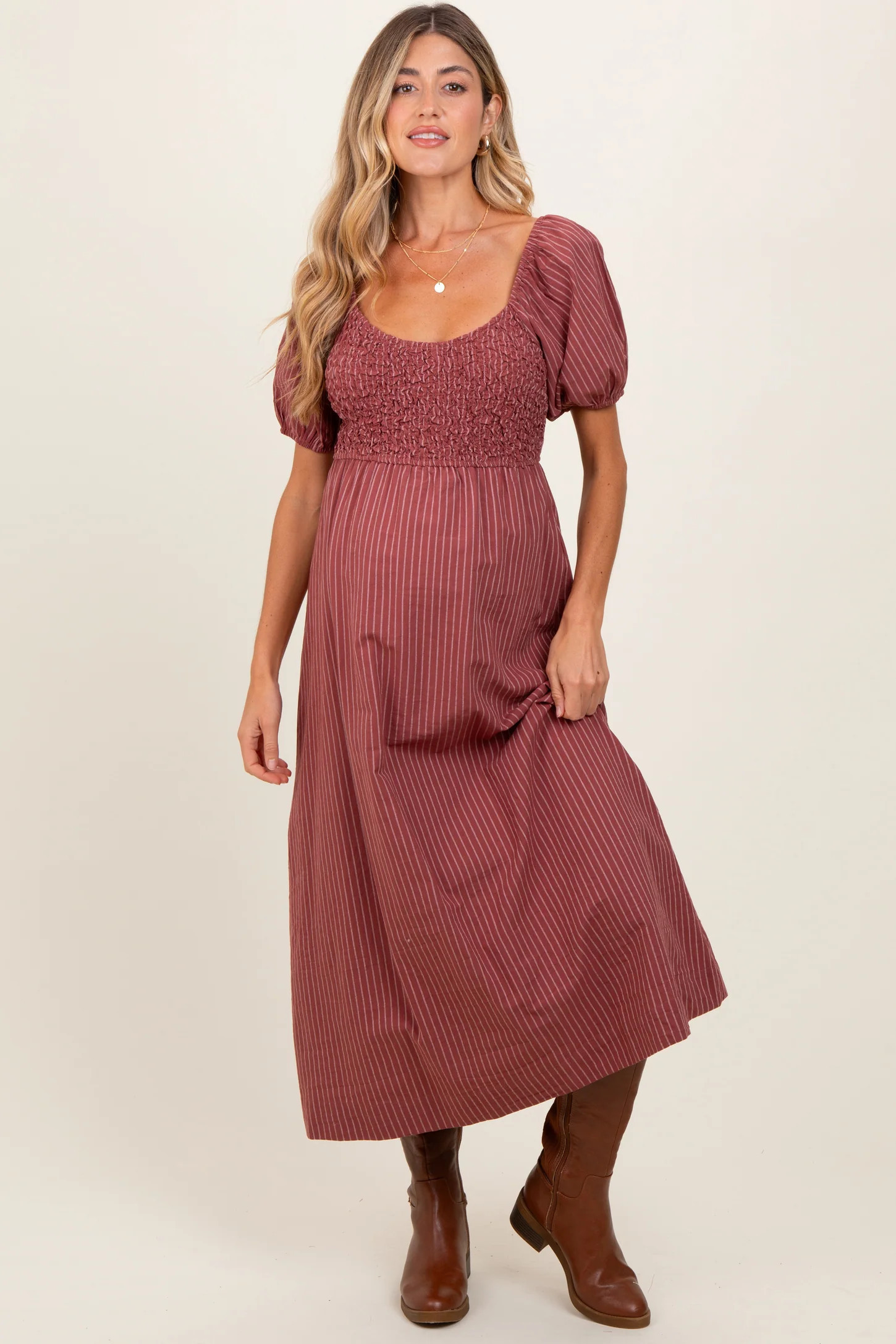 Mauve Striped Popcorn Smocked Maternity Midi Dress | PinkBlush Maternity