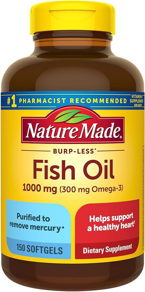 Nature Made Burp Less Fish Oil 1000 mg Softgels, Fish Oil Supplements, Omega 3 Fish Oil for Healt... | Amazon (US)