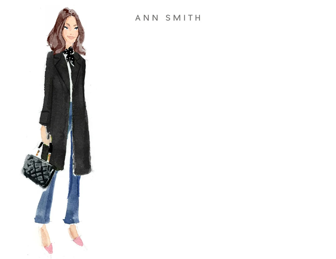 Custom Stationery Girl: Black Coat & Dot Scarf with Shoulder Length Hair {Stationary Notecards, P... | Etsy (Global)