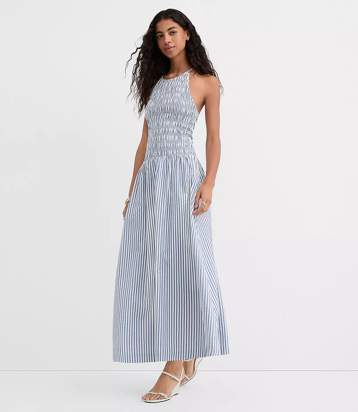 Tall Striped Smocked Halter Midi Dress | LOFT
