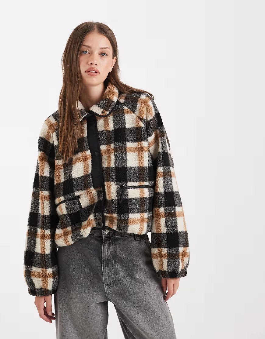 ONLY collar details borg jacket in beige check-Neutral | ASOS (Global)