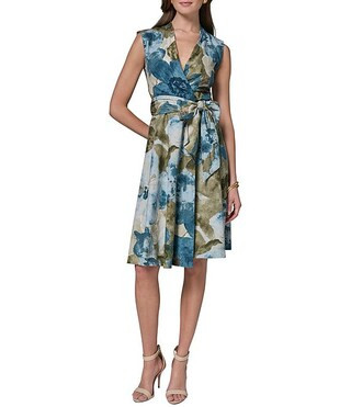 Floral Print Linen Blend V-Neck Sleeveless Belted Wrap Dress | Dillard's