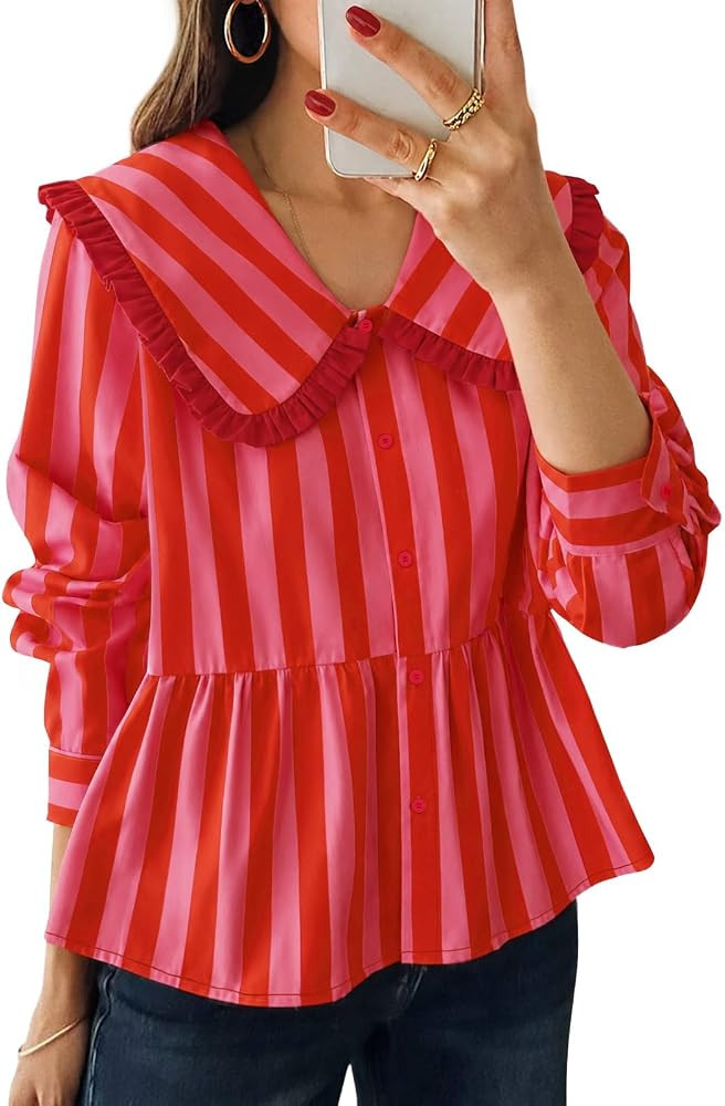 Yousify Womens Striped Button Down Shirts Peter Pan Collar Babydoll Tops | Amazon (US)