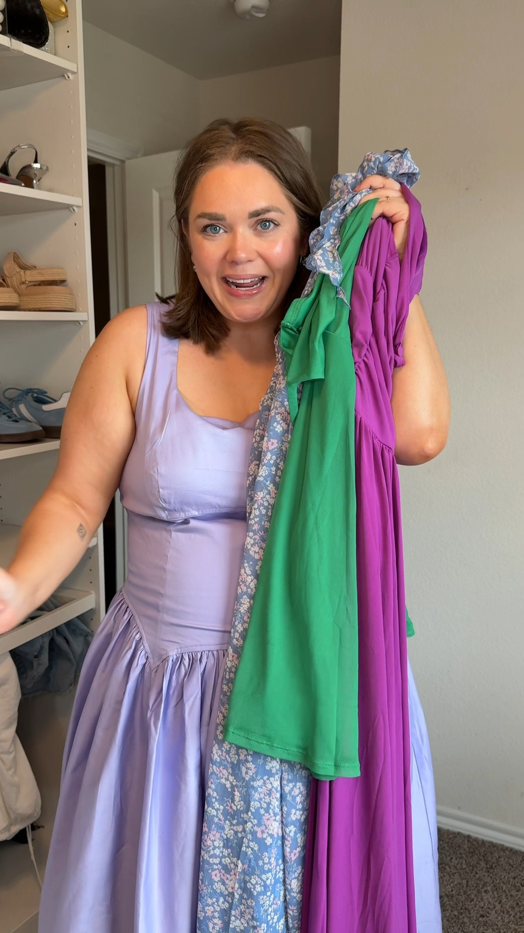 Spring wedding guest dresses. Wearing xl in lavender, xl in floral, 14/16 in green and purple  