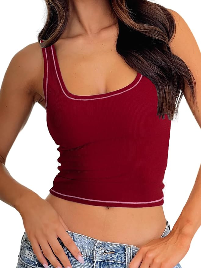 Danysu Women Rib Tank Top Padded Workout Top Square Neck Crop Tank Fitted Basic Cami Tops | Amazon (US)