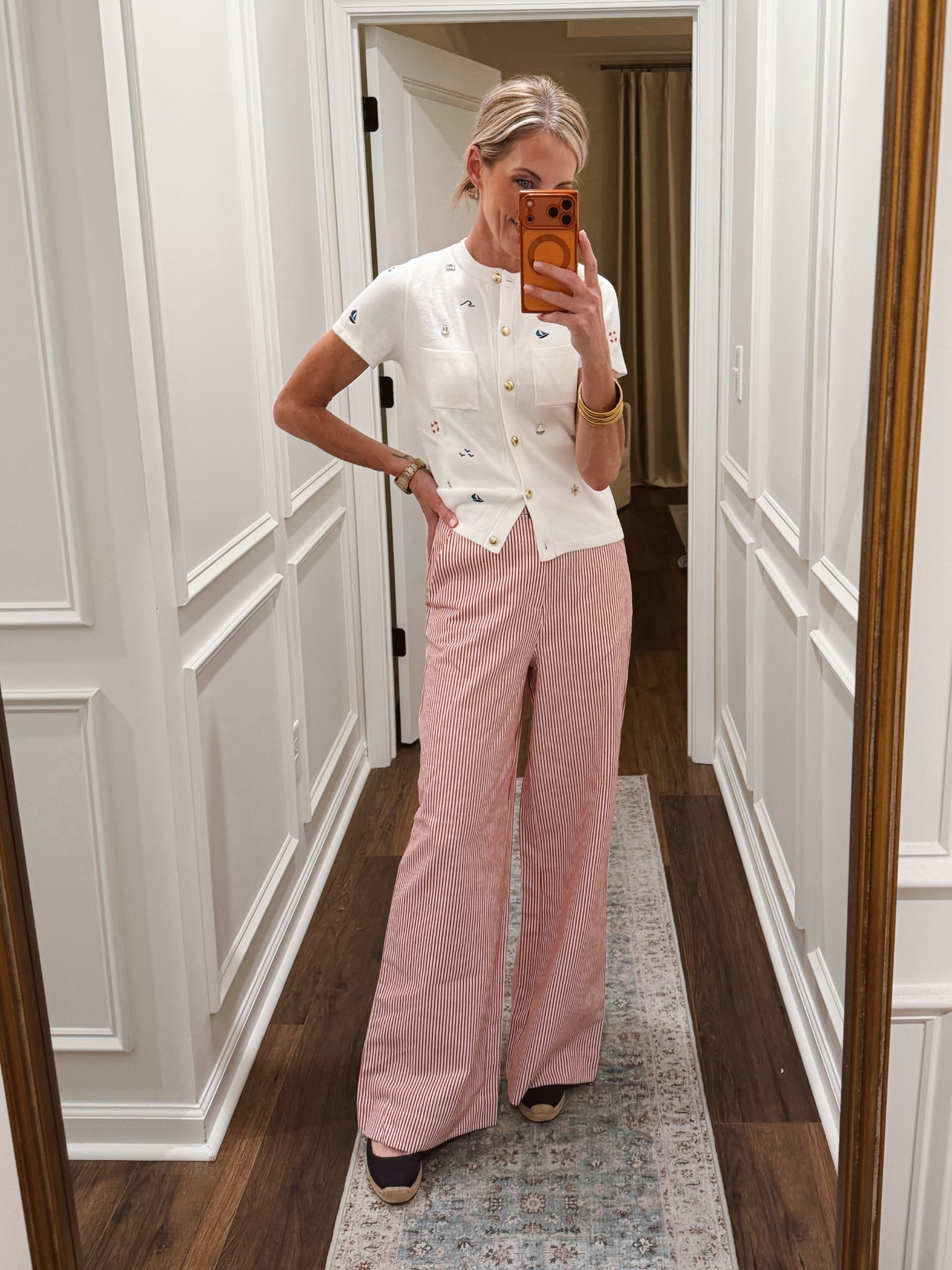 I have been waiting for these target red striped pants to be online and today is our lucky day… They are online and pair perfectly with this nautical top from Walmart… Wearing a size 2 in the pants. Size extra small and a sweater.  These pants are so good. 