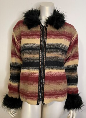 Tasha Polizzi TP Saddleblanket Jacket S Faux Fur Collar Cuffs Striped Zip Lined | eBay US