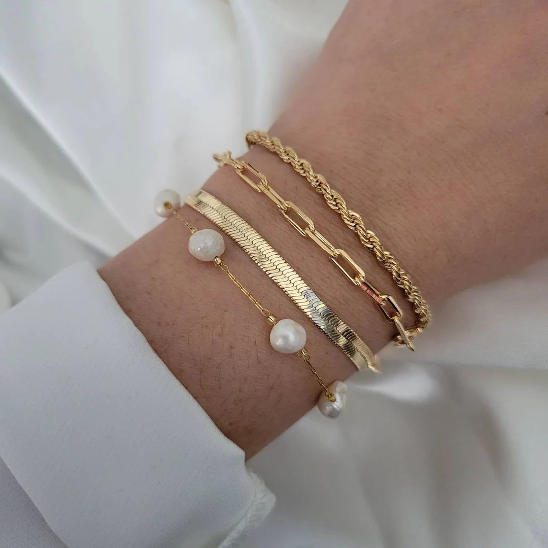 18K Gold Filled Stack Bracelet Set, Layering Bracelet, Bracelet Femme,Chunky Gold Bracelet,Gift S... | Etsy (US)