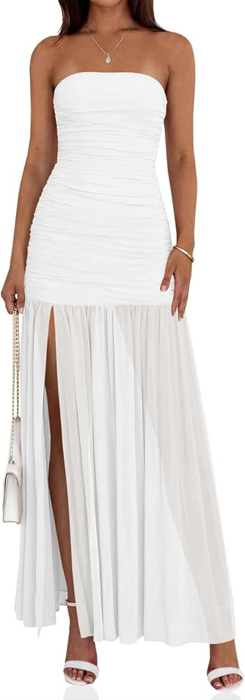 Wenrine Womens Summer Tube Top Dress Strapless Mesh Sexy Ruched Patchwork High Slit Long Cocktail... | Amazon (US)