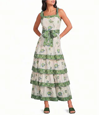 Floral Pattern Square Neck Sleeveless Woven Belted Tiered Hem Maxi Dress | Dillard's