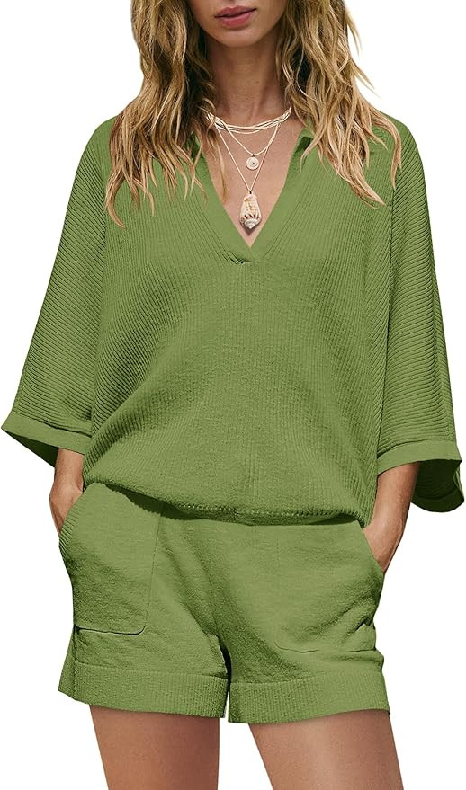 SENSERISE Womens Lounge Set Summer Sweater Matching Sets Batwing Sleeve V Neck Top and Shorts wit... | Amazon (US)
