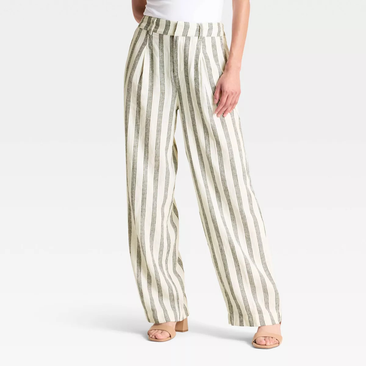 Women's High-Rise Linen Pleated Front Straight Trousers - A New Day™ Cream/Black Striped 0 | Target