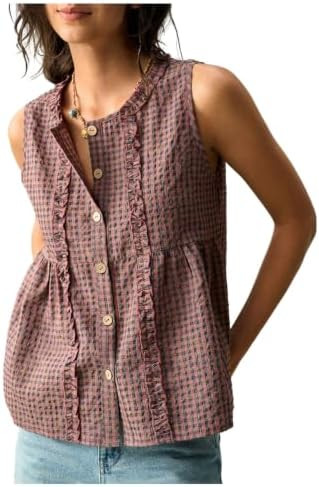 RoseSeek Women's Cute Gingham Button Down Shirts Summer Sleeveless Crew Neck Casual Vacation Tank... | Amazon (US)