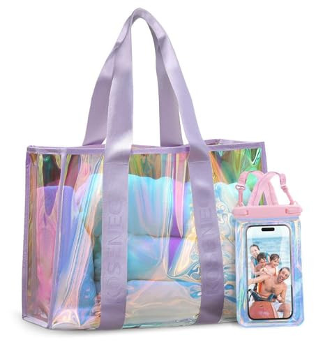 KOSENEC Beach Bags for Women, 30L Large Iridescent Clear Tote Bag, Sandproof, Tip-Proof, Foldable & Widen Strap Beach Tote Bag + Waterproof Phone Pouch - Travel Essentials for Pool, Cruise, Vacation | Amazon (US)
